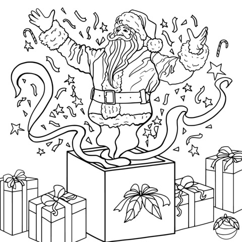 Santa Claus Emerging from a Gift Box Coloring Page