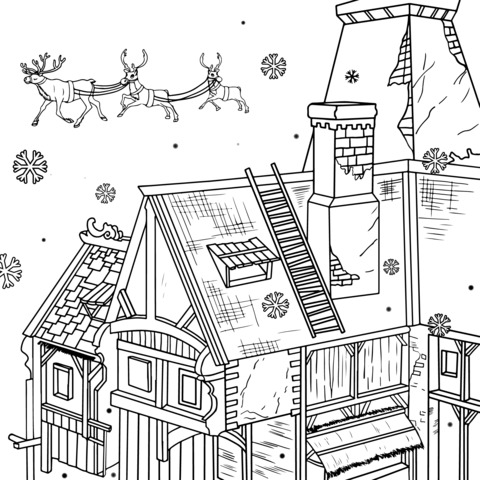 Christmas Reindeer and House Coloring Page