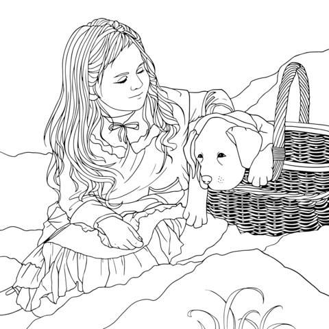 少女と子犬の塗り絵ページ