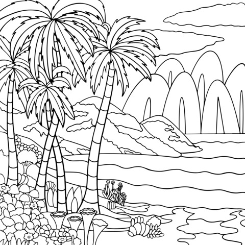 Página para colorear de paisaje tropical