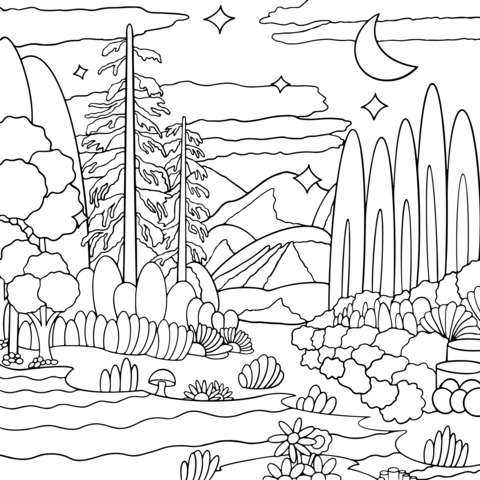 Dreamy Moon - lit Forest Landscape Coloring Page