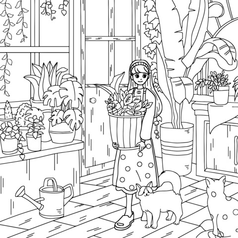 Girl and cats in a room surrounded by green plants