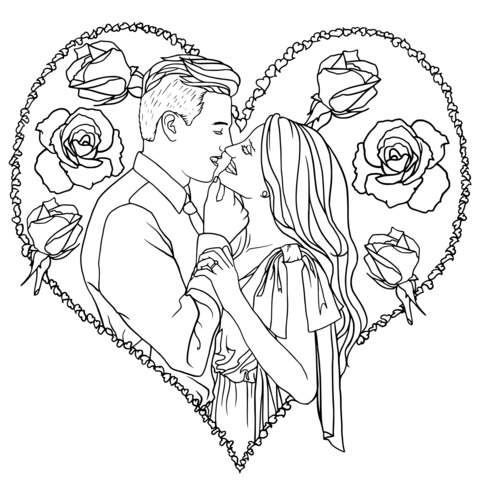 Romantic Couple Kissing Coloring Page