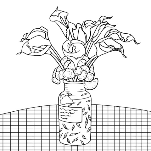 Coloring Page of Flowers in a Vase