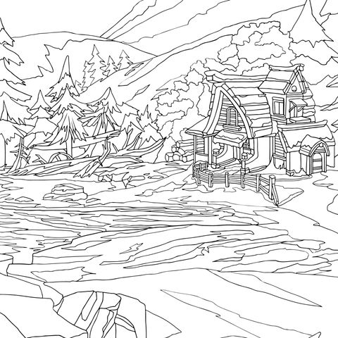 Winter Mountain Cabin Coloring Page