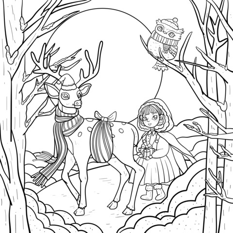 Christmas - themed Coloring Page: Little Girl, Reindeer and Owl