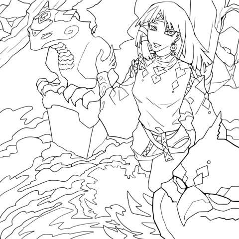 Fantasy - style Female Character and Stone Statue Coloring Page