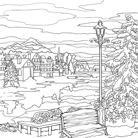 Winter Snow Scene Coloring Page: Quiet Town and Gorgeous Sky