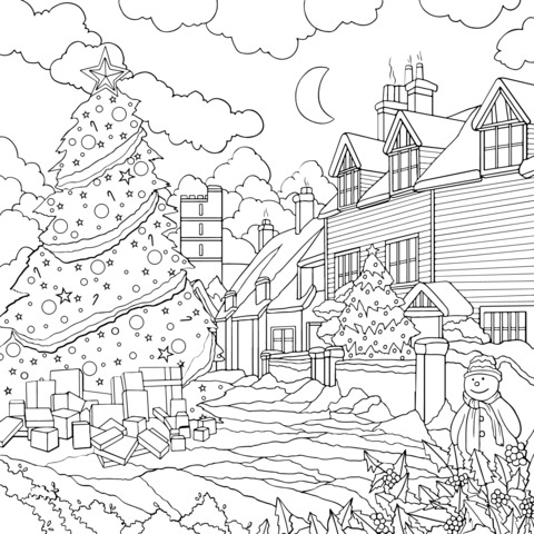 Christmas Night Courtyard Coloring Page: Christmas Tree, Gifts and Cottage