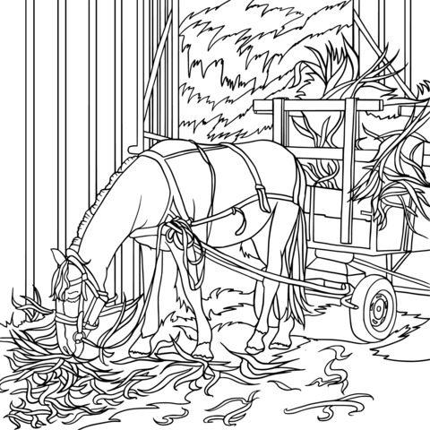 Horse and Hay Cart Coloring Page