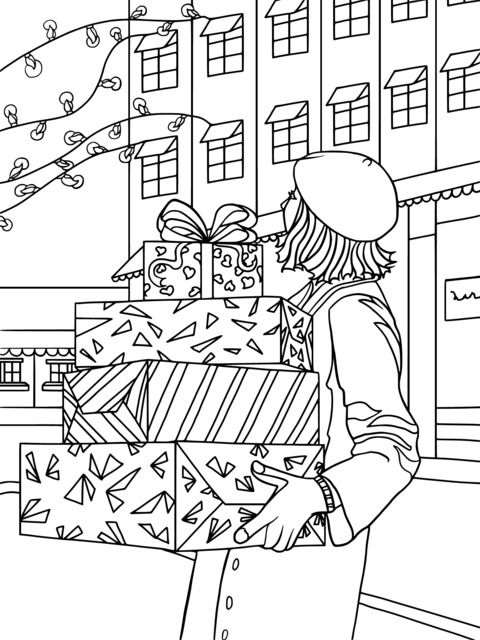 Coloring Page of a Person Carrying Many Gifts on a Festive Street