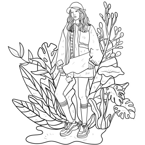 Fashionable Girl and Green Plants