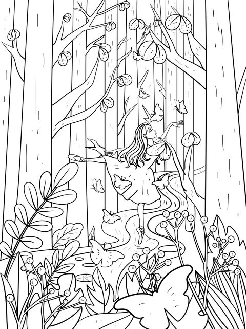 Coloring Page of a Dancing Girl in a Dreamy Forest