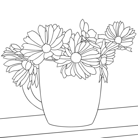 Página para colorear de flores en una taza