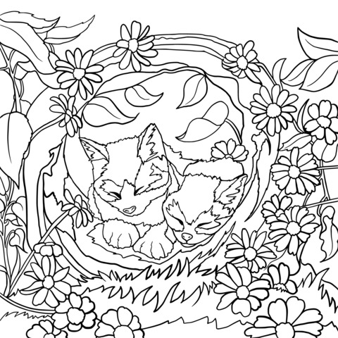 Coloring Page of Adorable Cats and Flowers