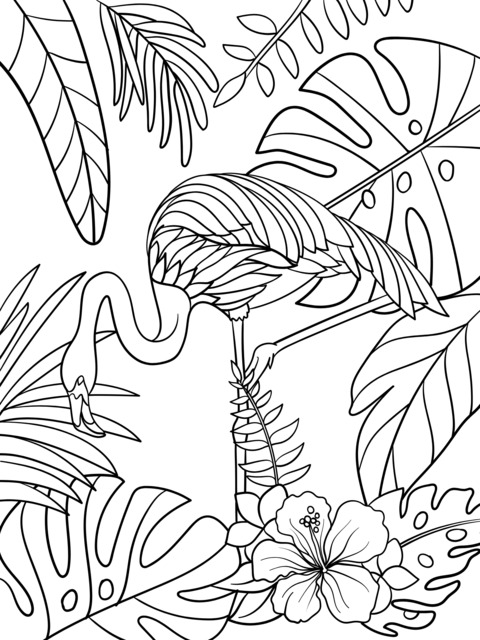 Flamingo and Tropical Plants Coloring Page