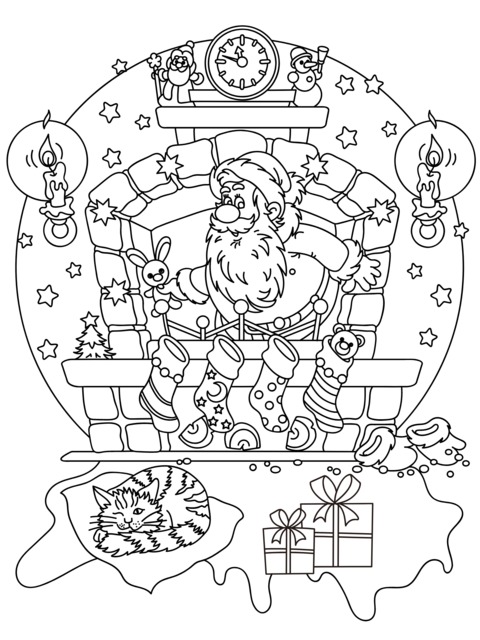 Coloring Page of Santa Claus Emerging from the Fireplace