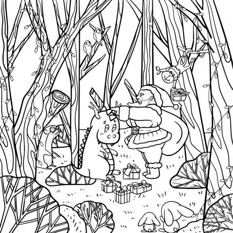 Santa Claus and Small Animals' Forest Adventure Coloring Page