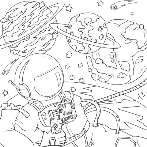 Astronaut Watching Movie in Space Coloring Page