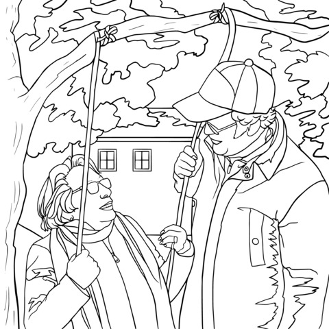 Coloring Page of an Outdoor Autumn Scene: Two People Communicating Under a Tree