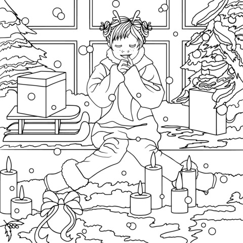 Cozy Christmas Scene Coloring Page: Little Girl and Festive Atmosphere