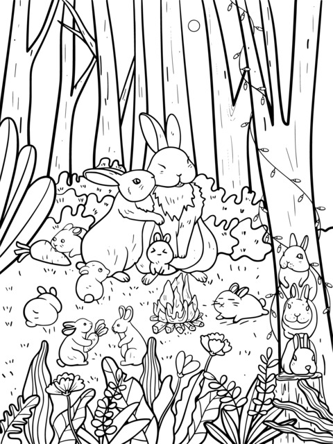 Rabbit Family Camping in the Forest Coloring Page