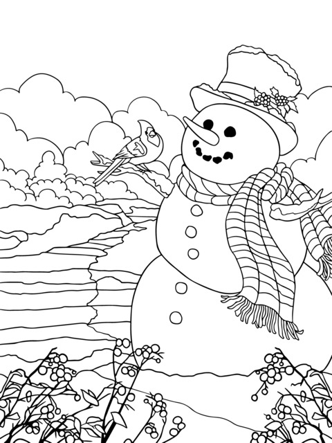 Dibujo para Colorear de un Adorable Muñeco de Nieve y un Cardenal