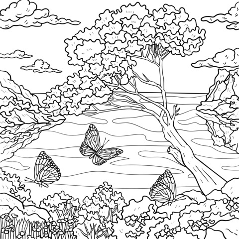 Scenery and Butterflies Coloring Page