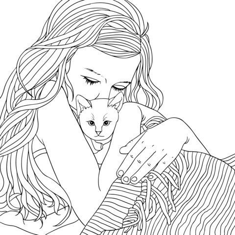 Página de Colorear de una Chica Abrazando un Gato