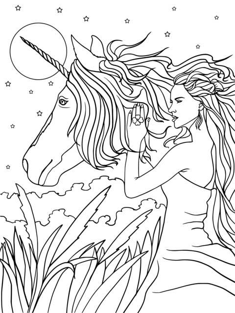 Dreamy Unicorn and Maiden Coloring Page