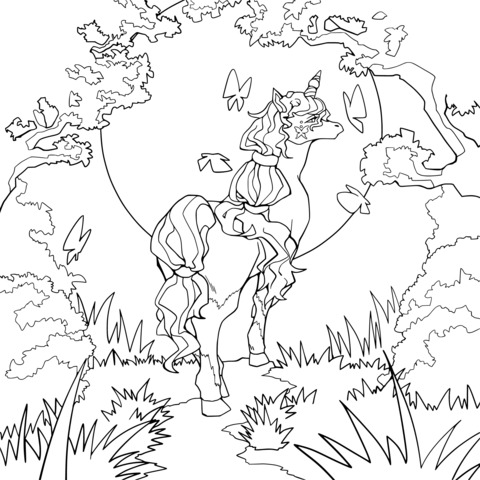 Dreamy Unicorn Illustration Coloring Page under the Moonlit Night