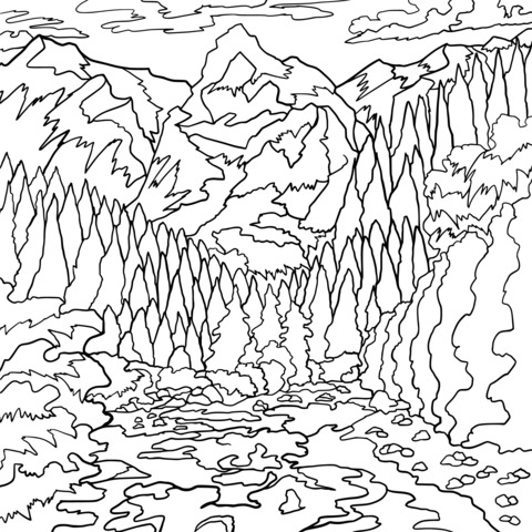 Beautiful Mountain - Forest Landscape Coloring Page