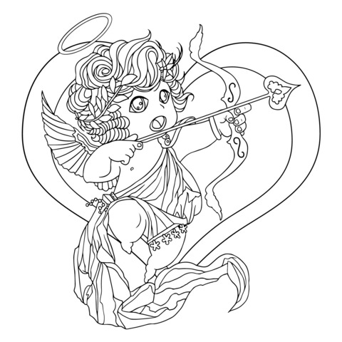 Cupid Coloring Page: Adorable Little Angel with Heart - shaped Bow and Arrow