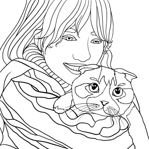 Página de Colorear de una Chica y un Gato