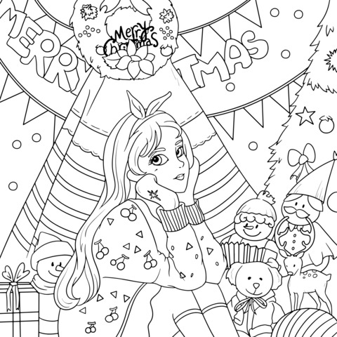 Christmas - themed Coloring Page: Girl and Holiday Decorations