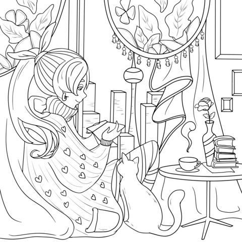 Coloring Page of a Girl and a Cat in a Cozy Reading Moment