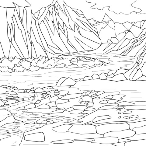 Beautiful Mountain - Water Landscape Coloring Page