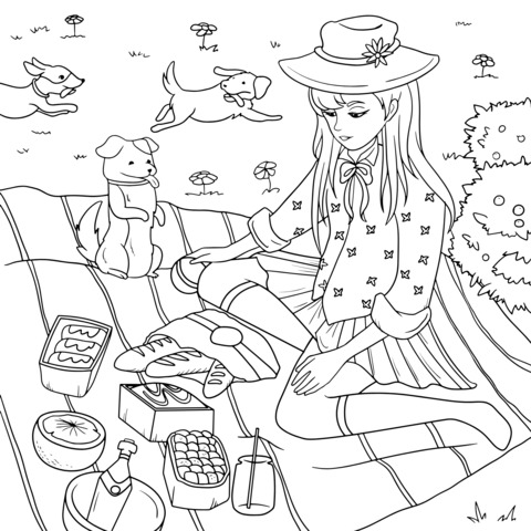 Girl's Outdoor Picnic Coloring Page