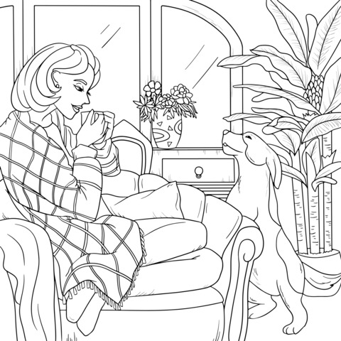 A Cozy Moment: Lady and Dog's Leisure Time Coloring Page