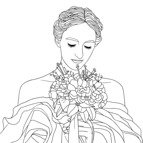 Coloring Page of a Lady Holding a Bouquet