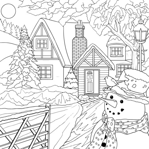 Página de Colorear de una Escena de Nieve de Invierno: Casa Acogedora y Muñeco de Nieve Adorable