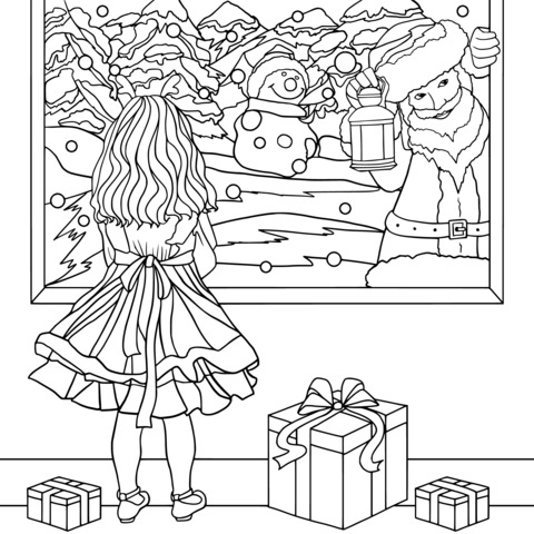 Dibujo para colorear navideño cálido de una niña pequeña y Santa Claus