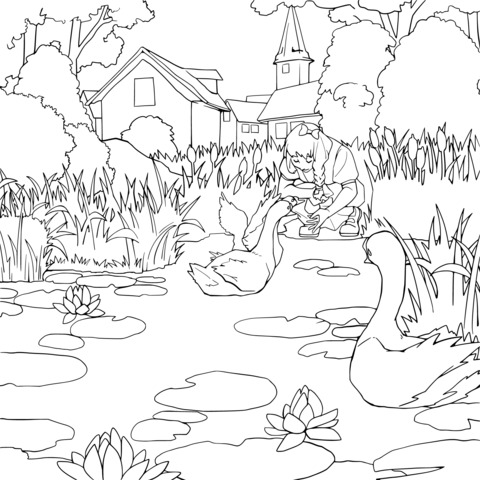 Coloring Page of Feeding Geese by the Pastoral Lake