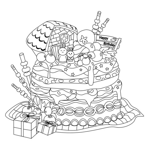 楽しい誕生日ケーキの塗り絵