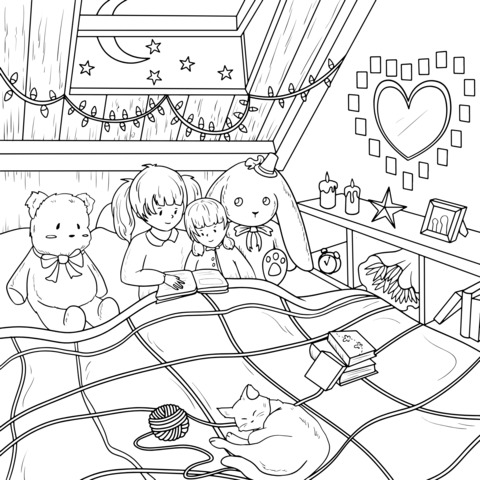 Cozy Children's Room Coloring Page: Child and Dolls in Quiet Time