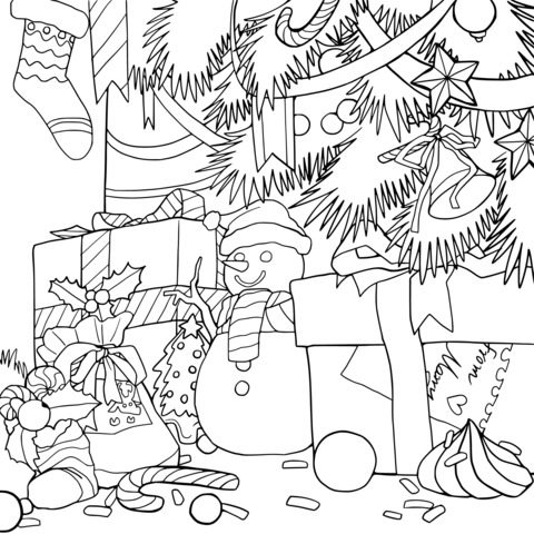 Christmas - themed Coloring Page: Snowman, Gifts and Christmas Tree