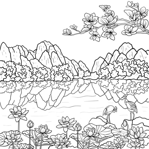 Mountain, Water, Lotus and Crane Coloring Page