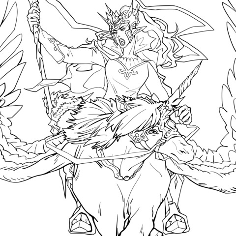 Fantasy Queen Riding Unicorn Coloring Page