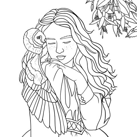 Coloring Page of a Woman Holding a Hawk