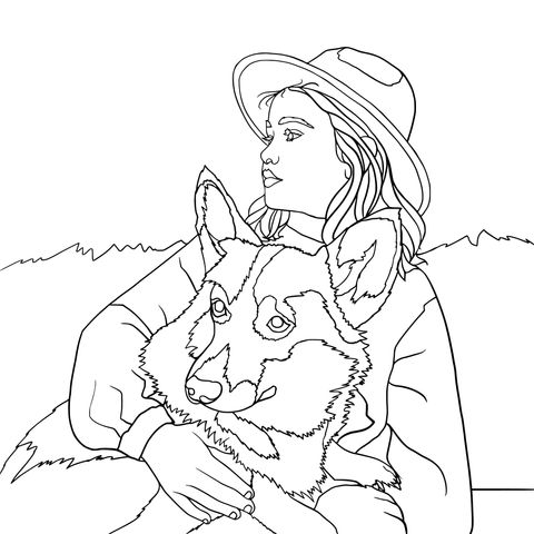 Dibujo para colorear cálido de una chica y un perro